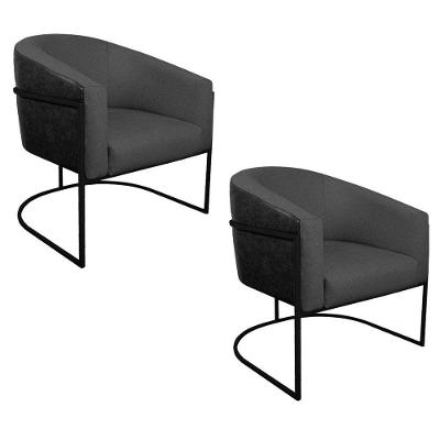 Kit 02 Poltronas Preto Preto E Linho Cinza Escuro