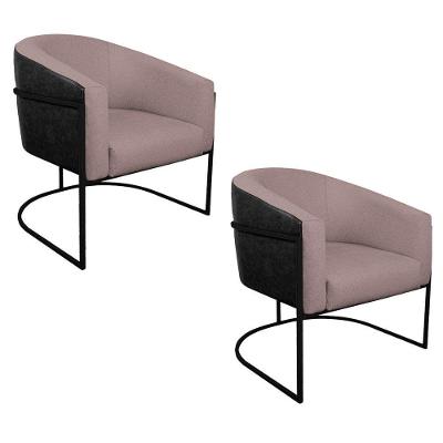 Kit 02 Poltronas Base De Ferro Preto Preto E Linho Rosê