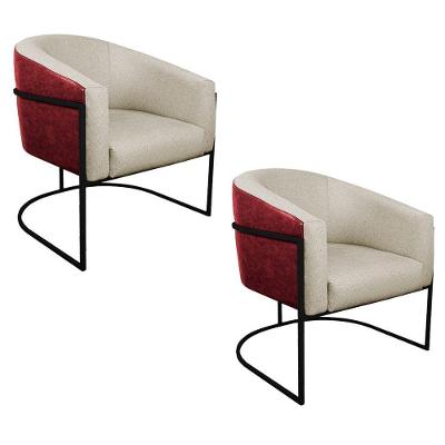 Kit 02 Poltronas Base De Ferro Preto Vermelho E Linho Bege