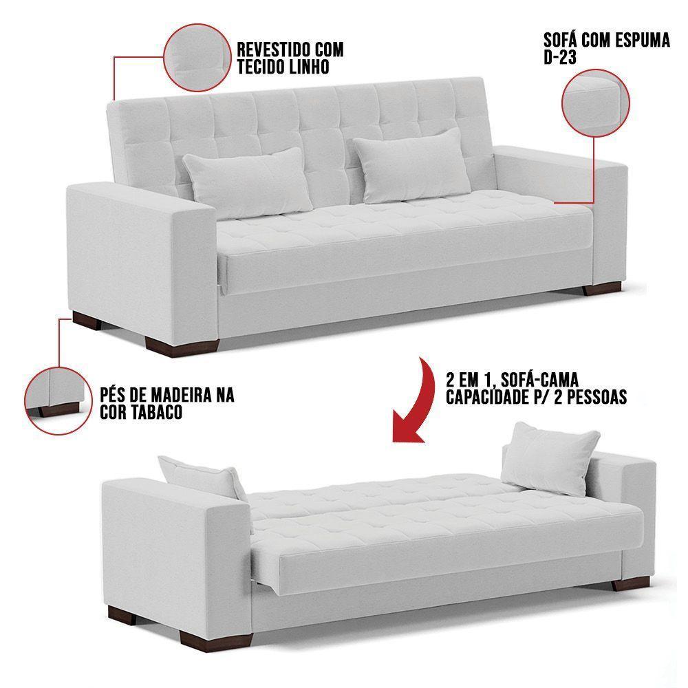 Sofá Cama 02 Lugares Linho Cinza Pés De Madeira - 4