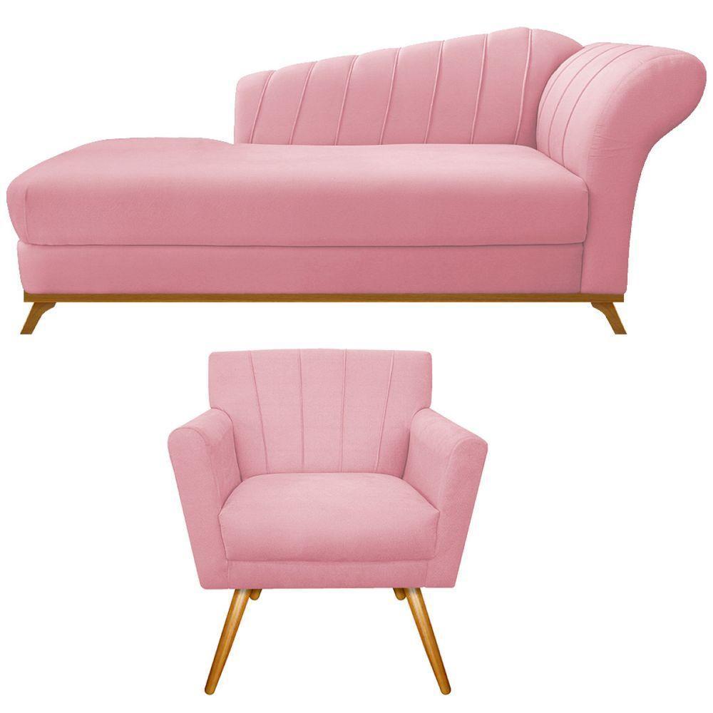 Kit Diva Recamier 185cm Lado Esquerdo E 01 Poltrona Laura Suede Rosa Bebê - 1