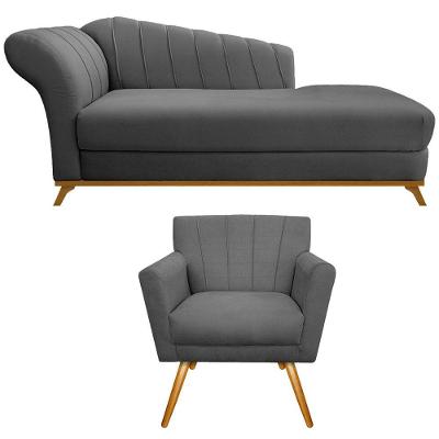 Kit Diva Recamier 160cm Lado Direito E 01 Poltrona Laura Suede Cinza