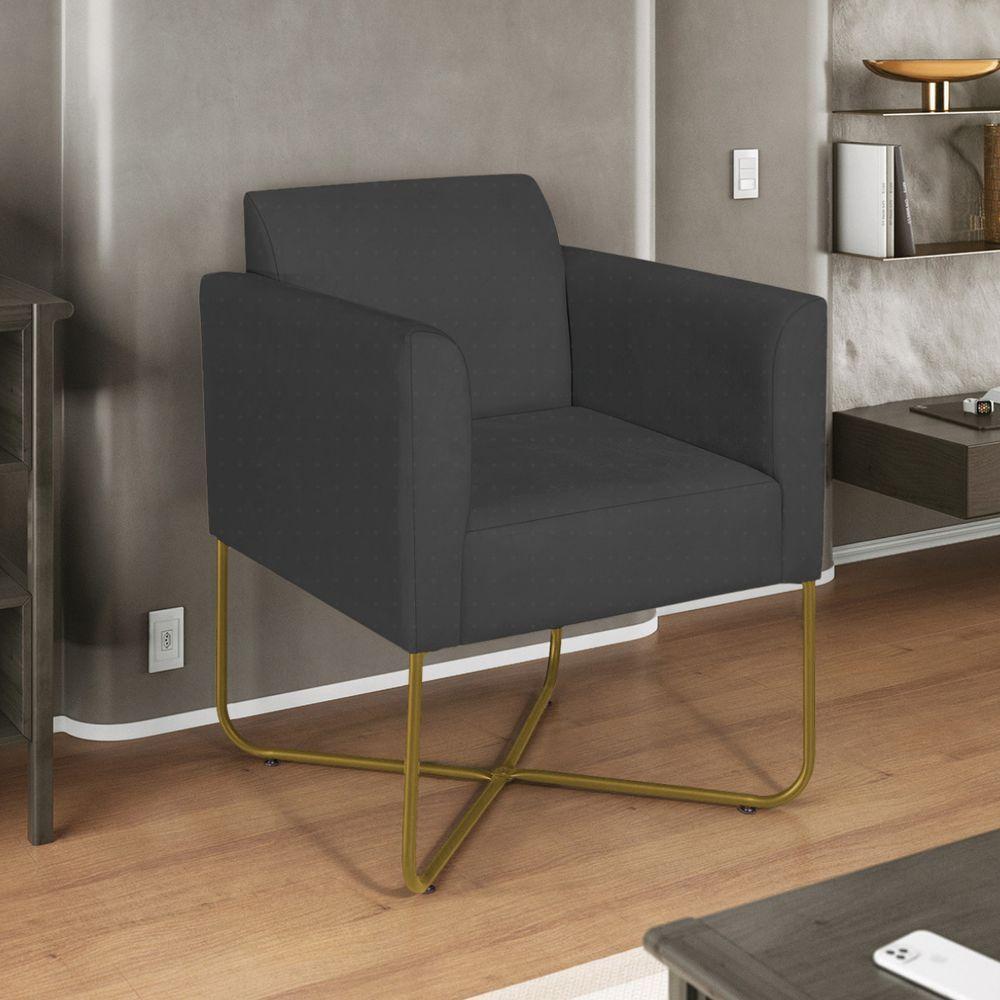 Kit 02 Poltronas Decorativas Andréia Base X Dourada Linho Cor Cinza Escuro - 3