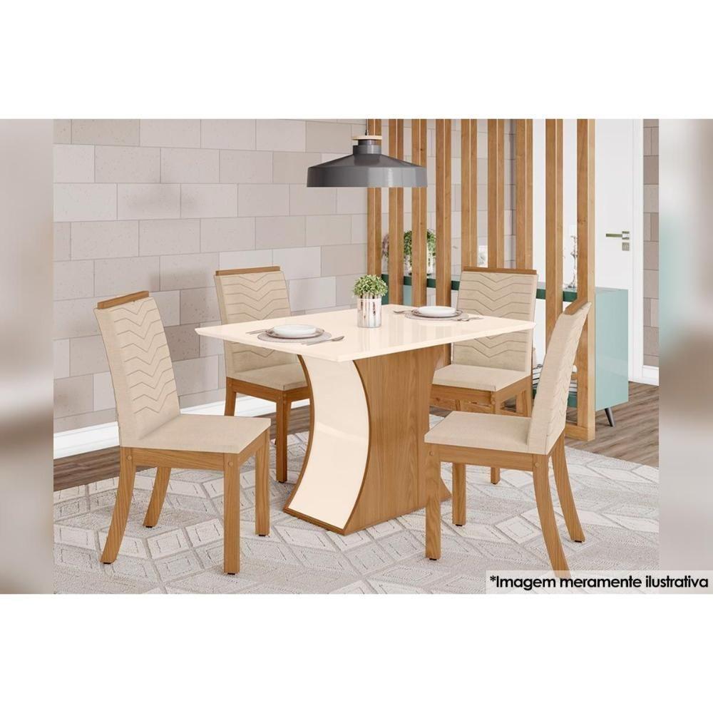 Sala de Jantar Completa Luiza c/ Tampo Madeirado Canto Reto 120cm + 4 Cadeiras Isa Nature/Veludo Light Linho - Henn - 1