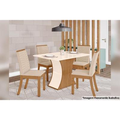 Sala de Jantar Completa Luiza c/ Tampo Madeirado Canto Reto 120cm + 4 Cadeiras Isa Nature/Veludo Light Linho - Henn
