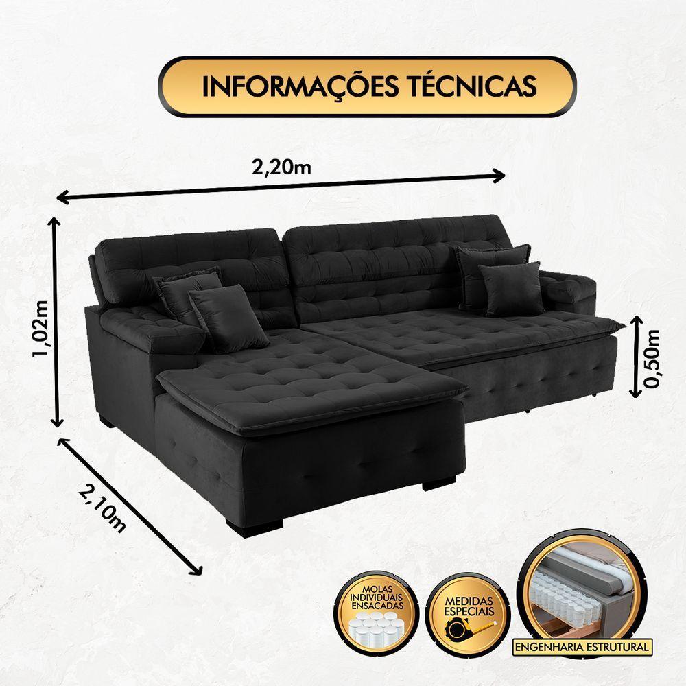 Sofá Retrátil E Reclinável Com Chaise Orlando 2.20x1.50m - Sofisticato-preto - 3
