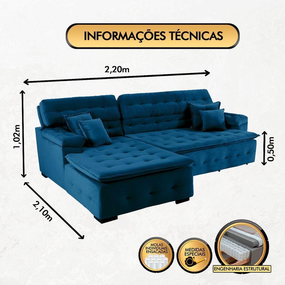 Sofá Retrátil E Reclinável Com Chaise Orlando 2.20x1.50m - Sofisticato-azul - 10