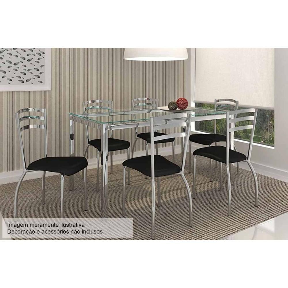 Conjunto: Mesa Sala Jantar Reno c/ Tampo Vidro 150cm + 6 Cadeiras Portugal Cromado/Courano Preto - Kappesberg - 1