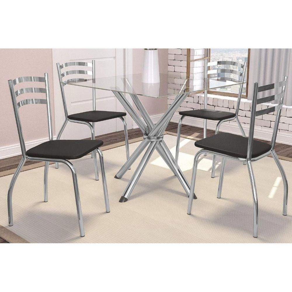 Conjunto: Mesa Sala Jantar Volga c/ Tampo Vidro 90cm + 4 Cadeiras Portugal Cromado/Courano Preto - Kappesberg - 1