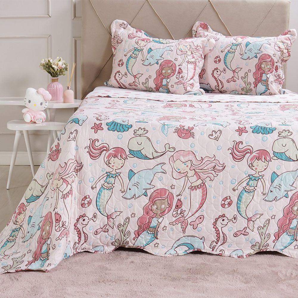 Kit Cobre Leito Rolinho Solteiro + Porta Travesseiro Toque Macio Mermaid - 2