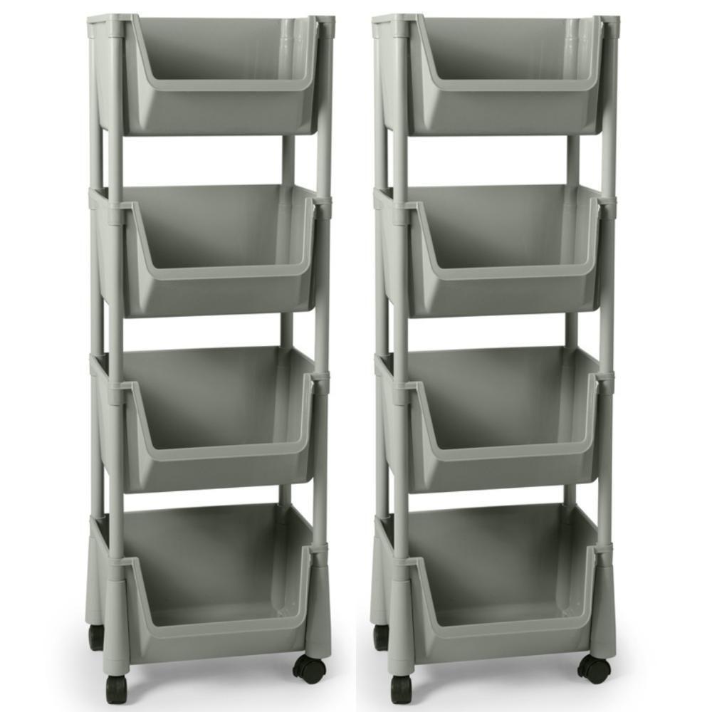 Kit 2 Carrinho Multiuso 4 Prateleiras Em Plástico Com Rodízio - Cinza - 1