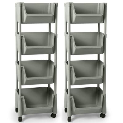 Kit 2 Carrinho Multiuso 4 Prateleiras Em Plástico Com Rodízio - Cinza