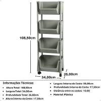Kit 2 Carrinho Multiuso 4 Prateleiras Em Plástico Com Rodízio - Cinza - 3