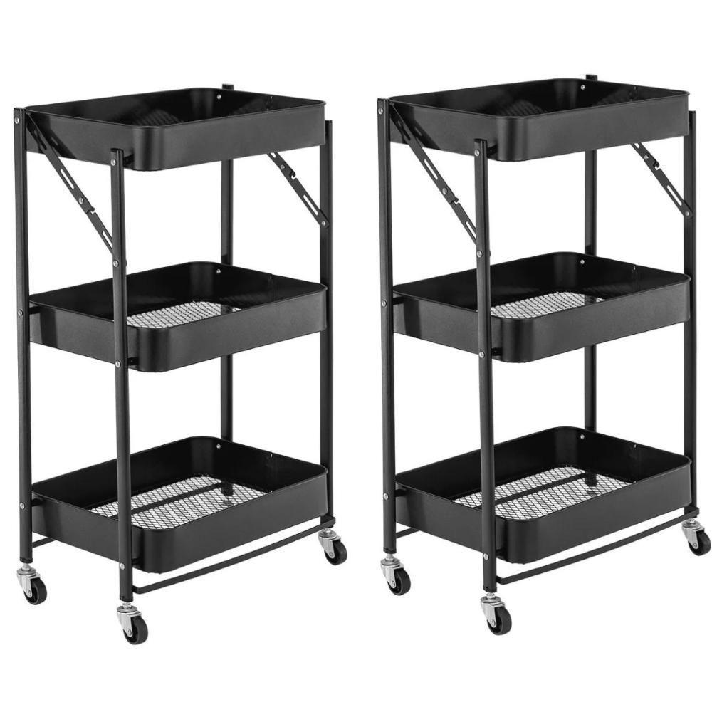 Kit 2 Carrinho Multiuso Organizador Dobrável Com 3 Prateleiras - Preto - 1