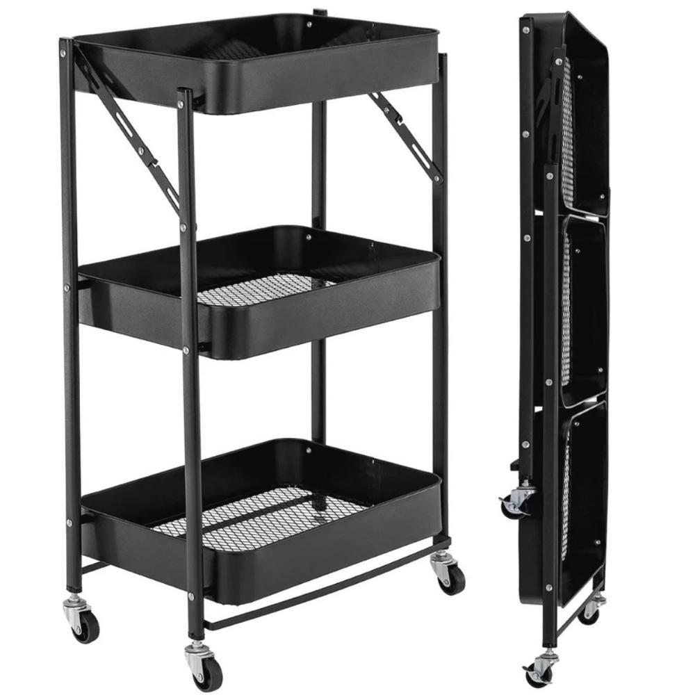 Kit 2 Carrinho Multiuso Organizador Dobrável Com 3 Prateleiras - Preto - 6