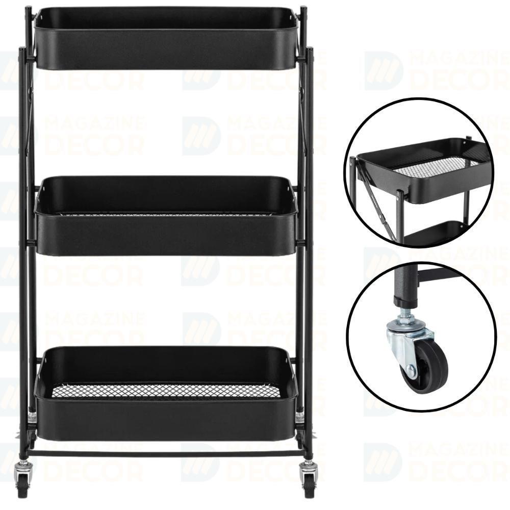 Kit 2 Carrinho Multiuso Organizador Dobrável Com 3 Prateleiras - Preto - 7