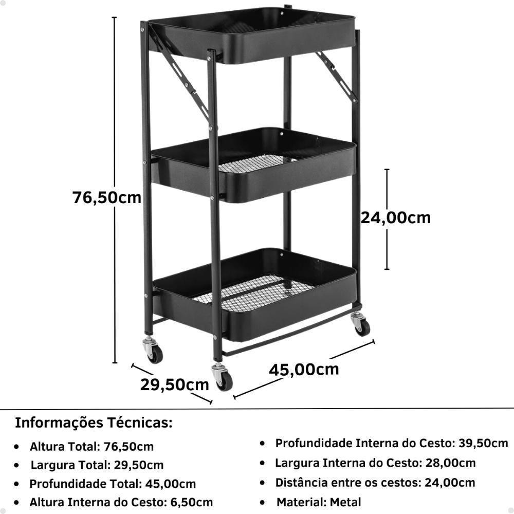 Kit 2 Carrinho Multiuso Organizador Dobrável Com 3 Prateleiras - Preto - 8