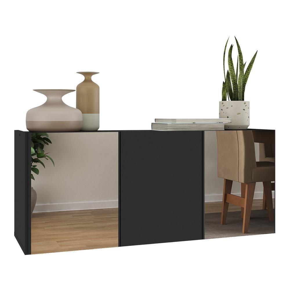 Aparador Buffet Suspenso Com Espelhos 3 Portas Multimóveis Mp8004 Preto Preto - 1