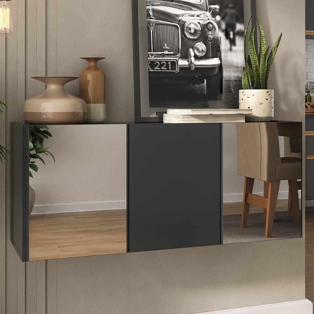 Aparador Buffet Suspenso Com Espelhos 3 Portas Multimóveis Mp8004 Preto Preto - 3