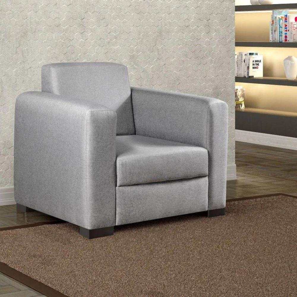 Poltrona Basic Linho Cinza Com Pés Madeira - 2