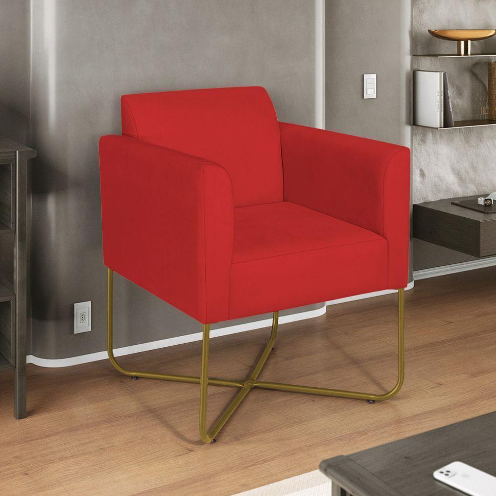 Poltrona Decorativa Andréia Base X Dourada Sintético Cor Vermelho - 1