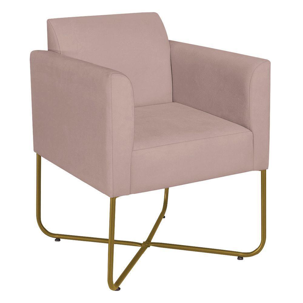 Poltrona Decorativa Andréia Base X Dourada Linho Cor Rosê - 3