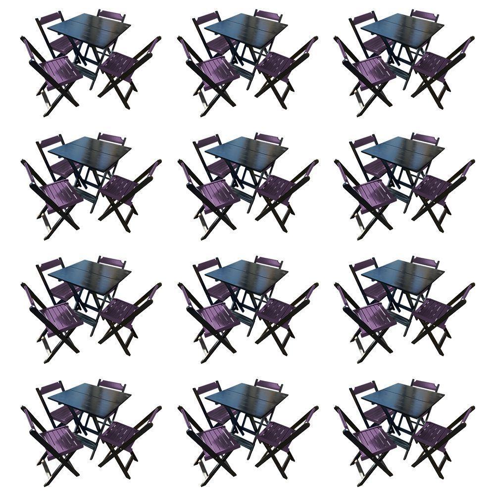 Kit 12 Mesas De Madeira Dobrável Preto 70x70 Com 4 Cadeiras Dobráveis Roxo - Roxo - 1
