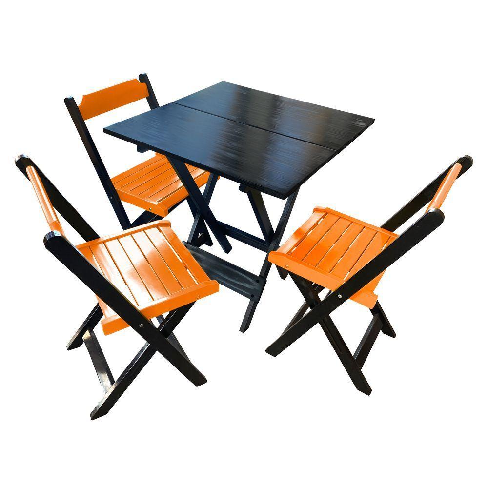 Mesa De Madeira Dobrável Preto 70x70 Com 3 Cadeiras Dobráveis Laranja - Laranja - 1