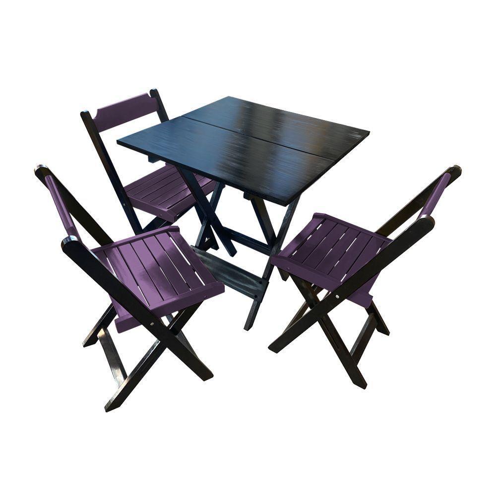 Mesa De Madeira Dobrável Preto 70x70 Com 3 Cadeiras Dobráveis Roxo - Roxo - 1