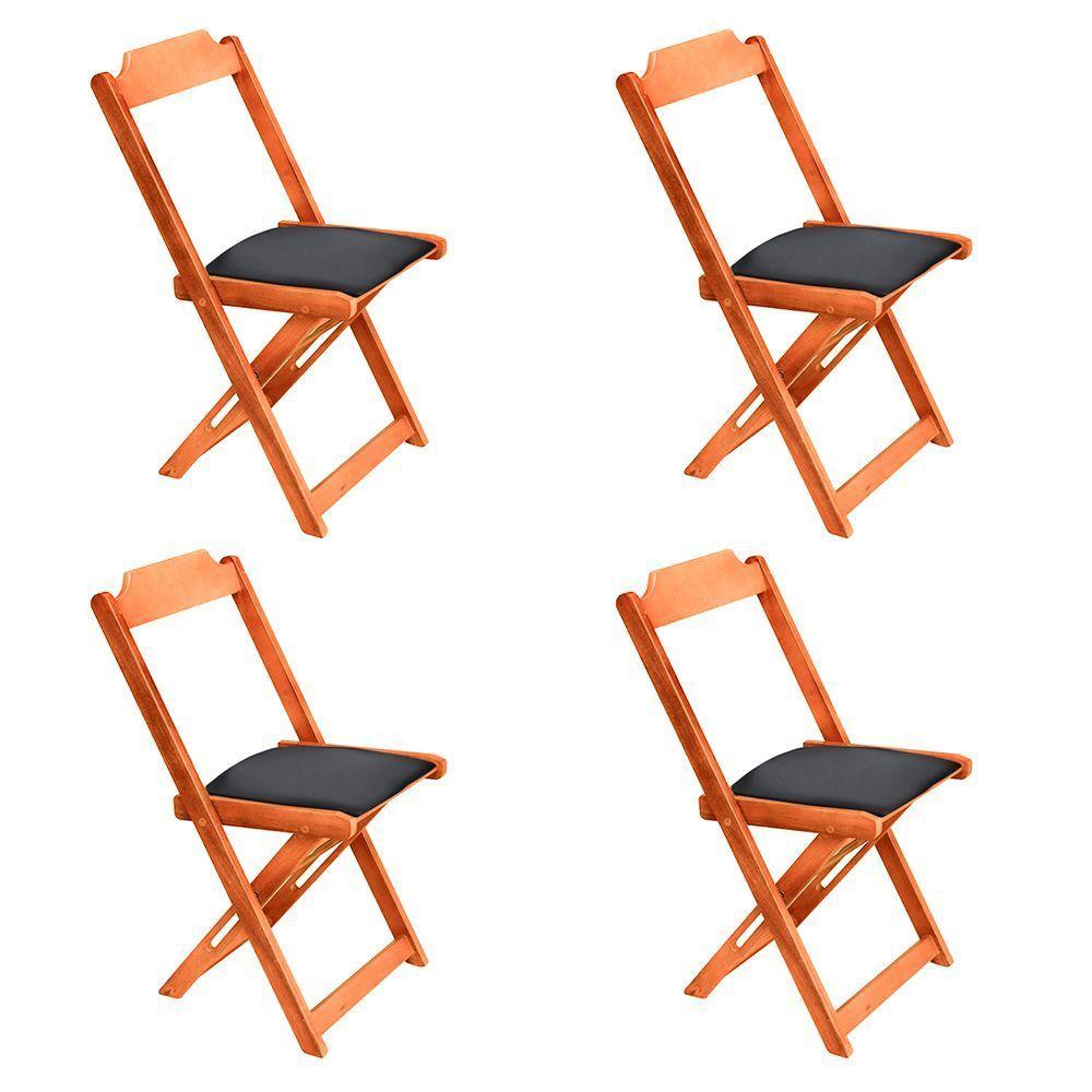 Conjunto De Mesa Dobravel De Madeira 70x70 Com 4 Cadeiras Natural Estofado Preto - Marrom - 2