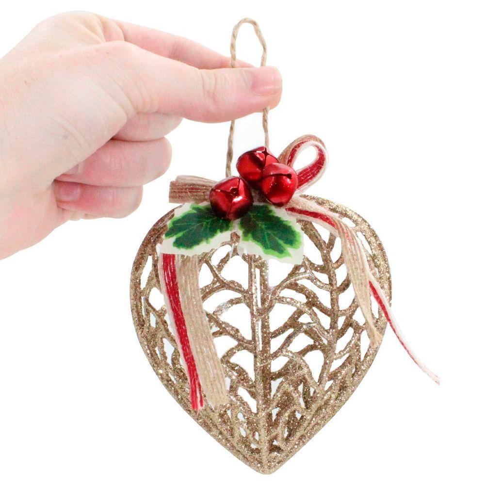 Conjunto 12 Peças Decoração Enfeite Bola Coração árvore Natal Dourada Glitter Natalina 11,5cm - 2