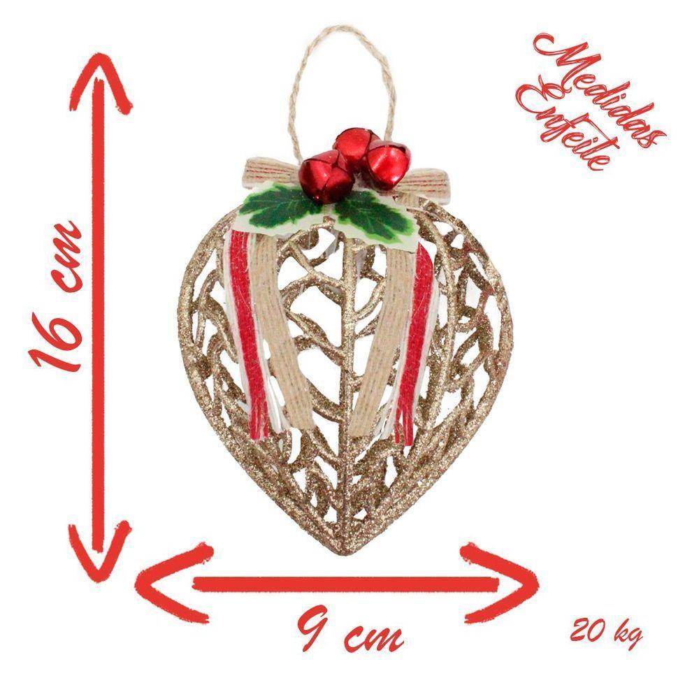 Conjunto 12 Peças Decoração Enfeite Bola Coração árvore Natal Dourada Glitter Natalina 11,5cm - 3