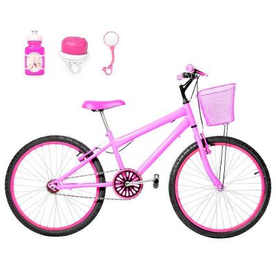 Bicicleta Aro 24 Alumínio Colorido + Kit Passeio Rosa E Pink