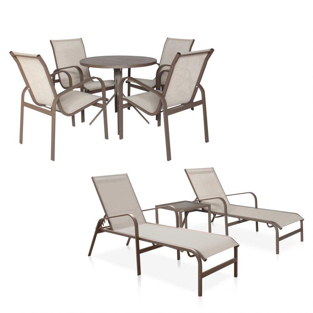 Conjunto 1 Mesa + 4 Cadeiras + 2 Espreguiçadeiras - Marrom Com Tela Café Com Leite - 1