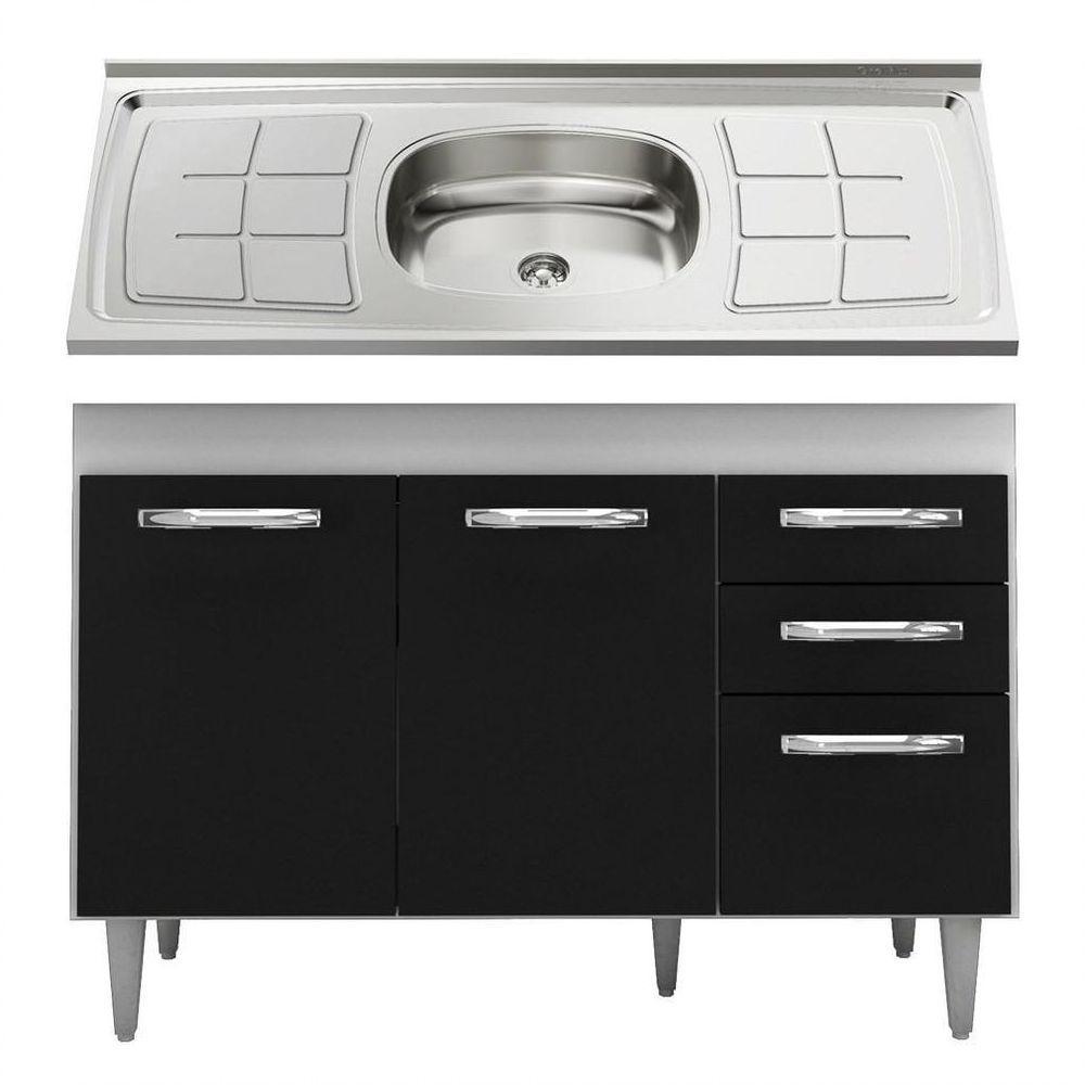 Balcão Gabinete Suécia Com Pia Inox 120cm 3 Portas Branco/preto - 1