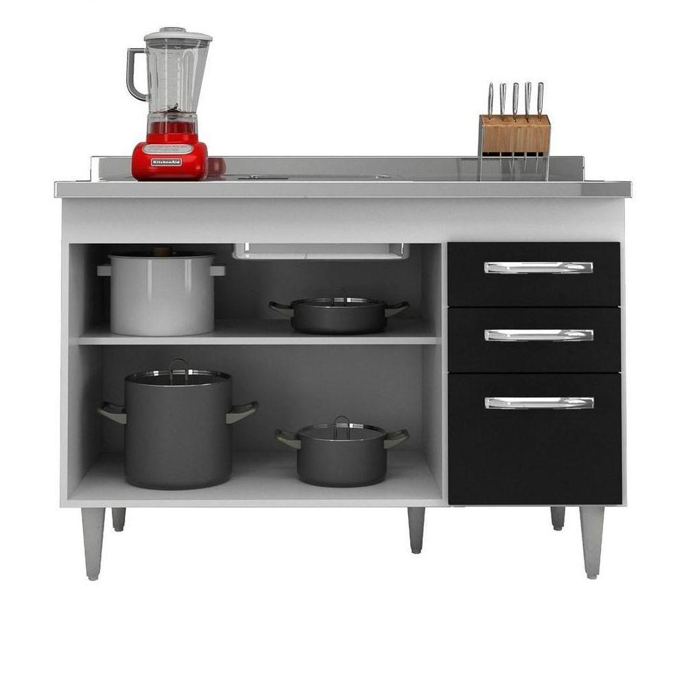 Balcão Gabinete Suécia Com Pia Inox 120cm 3 Portas Branco/preto - 3