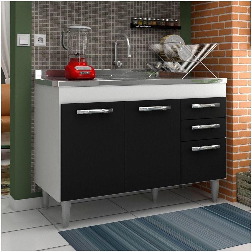 Balcão Gabinete Suécia Com Pia Inox 120cm 3 Portas Branco/preto - 4