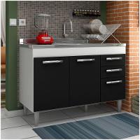 Balcão Gabinete Suécia Com Pia Inox 120cm 3 Portas Branco/preto - 4