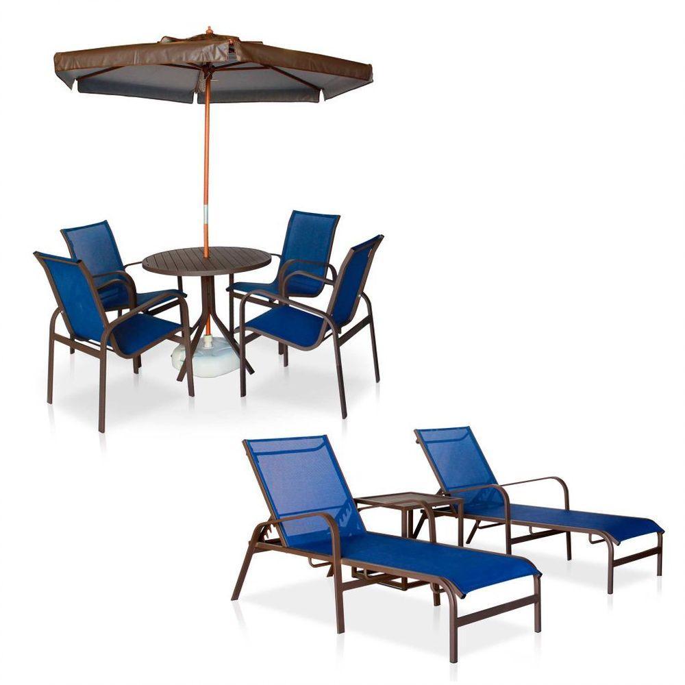 Conjunto 1 Mesa + 4 Cadeiras + 2 Espreguiçadeiras + 1 Mesinha De Centro + 1 Ombrelone - Marrom Azul - 1