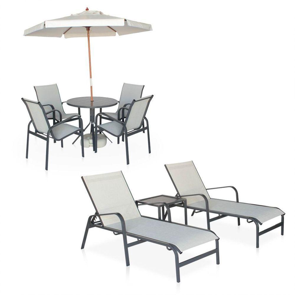 Conjunto 1 Mesa + 4 Cadeiras + 2 Espreguiçadeiras + 1 Mesinha De Centro - Graffite Com Tela Cinza - 1