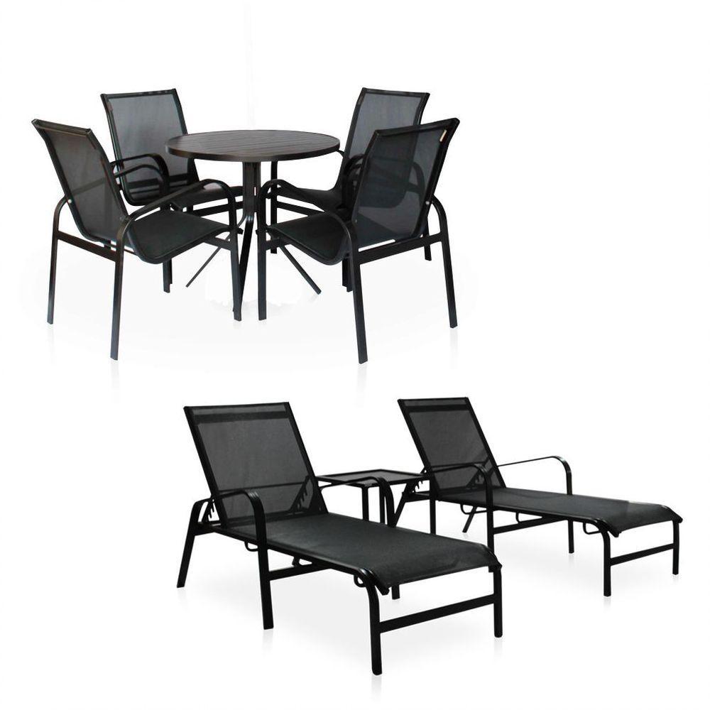 Conjunto 1 Mesa + 4 Cadeiras + 2 Espreguiçadeiras + 1 Mesinha De Centro De Alumínio - Preto - 1