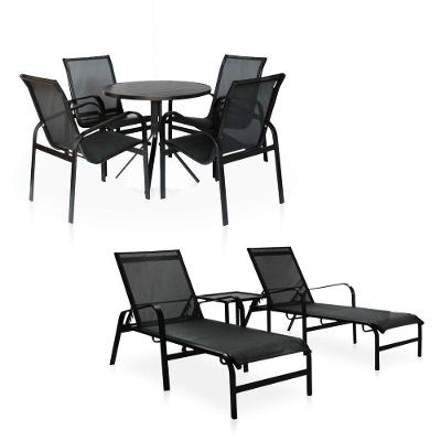 Conjunto 1 Mesa + 4 Cadeiras + 2 Espreguiçadeiras + 1 Mesinha De Centro De Alumínio - Preto