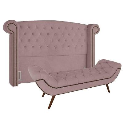 Cabeceira Cama Box Casal 140cm Com Calçadeira Veludo Rosê