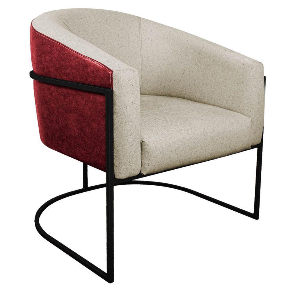 Poltrona Base de Ferro Vermelho e Linho Bege - 1