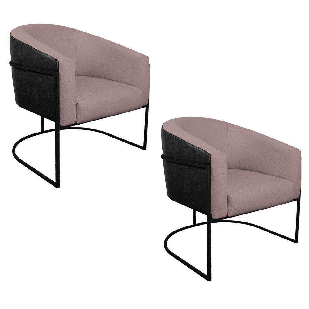 Kit 02 Poltronas Base de Ferro Preto e Linho Rosê - 1