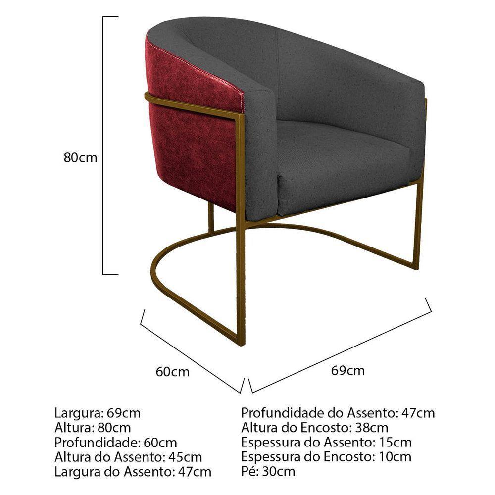 Kit 02 Poltronas Base de Ferro Vermelho e Linho Cinza Escuro - 5