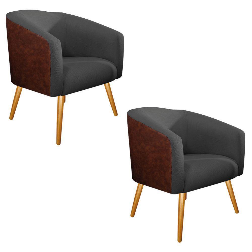 02 Poltronas Luiza Couro Ecológico Nozes E Linho Chumbo - 1