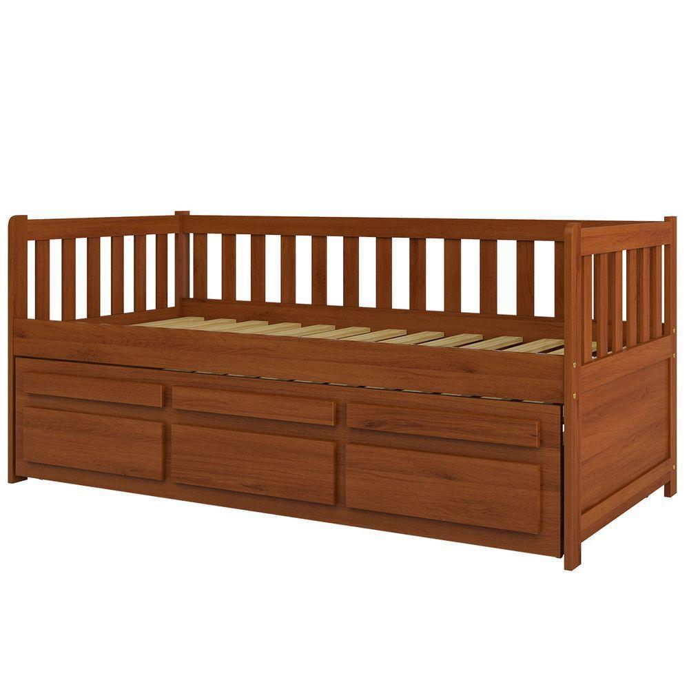 Bicama Reta Solteiro Castanho Claro 3 Gavetas Madeira Pinus - Saraiva - 3