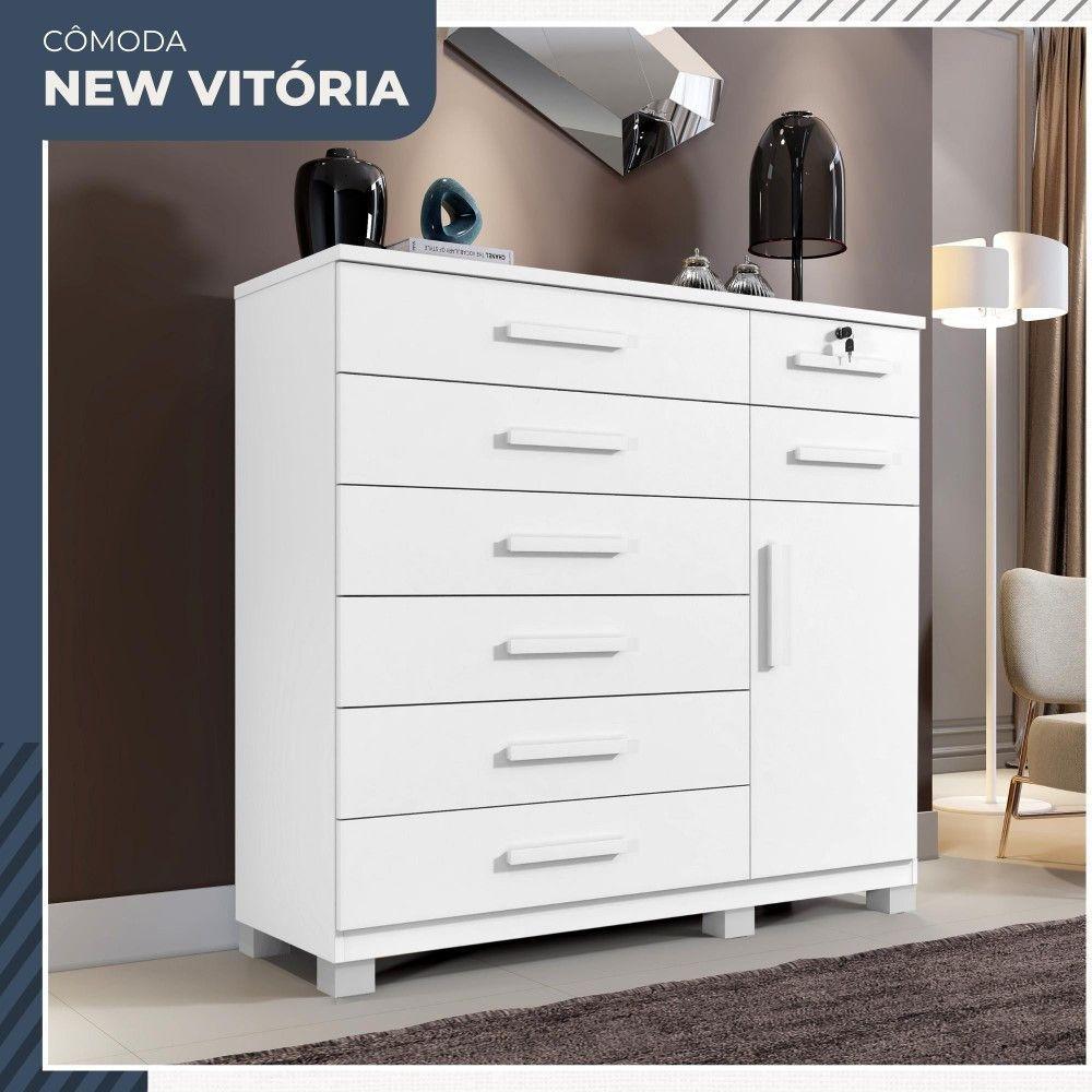 Cômoda New Vitória 1 Porta 8 Gavetas Em Mdp Com Chave Benetil Móveis Branco - 2