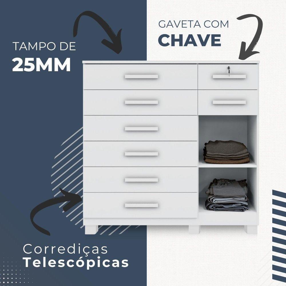 Cômoda New Vitória 1 Porta 8 Gavetas Em Mdp Com Chave Benetil Móveis Branco - 7
